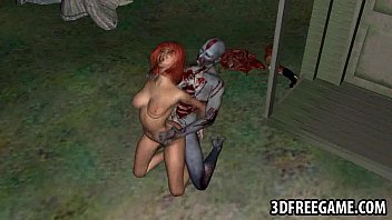 Hot 3D redhead babe riding a zombies hard cock